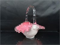 Fenton Glass Ruffled Pink and White Basket