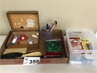 WOODEN SEWING BOX, BRUSH, CLIPS, SEWING VELCRO