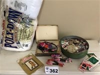 TIN W SEWING SUPPLIES, BOX OF EMBROIDERY THREAD,