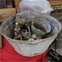 metal tub with misc jars + others