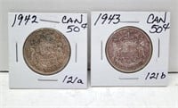 1942, 1943 Canada 50 cent pieces