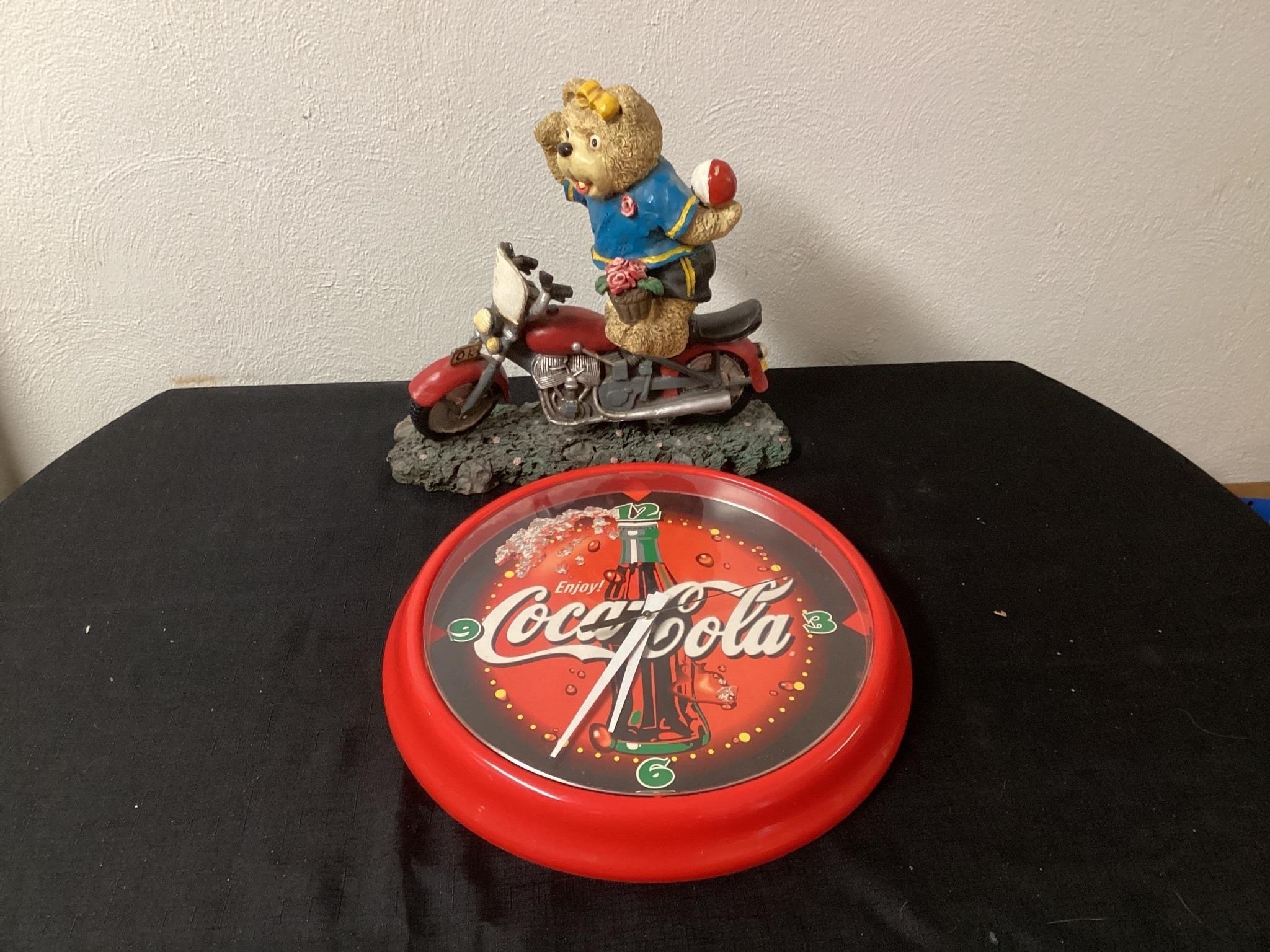 Coca-Cola, Clock and ceramic motorcycle figurine