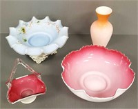 4 pieces of Victorian glass including brides bowl,