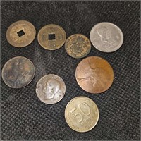 8 mixed foreign coins