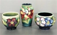 3 Moorcroft England decorated floral cabinet vases