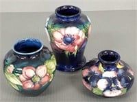 3 Moorcroft England decorated floral cabinet vases
