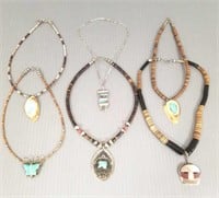 6 necklaces including sterling, turquoise, heishi