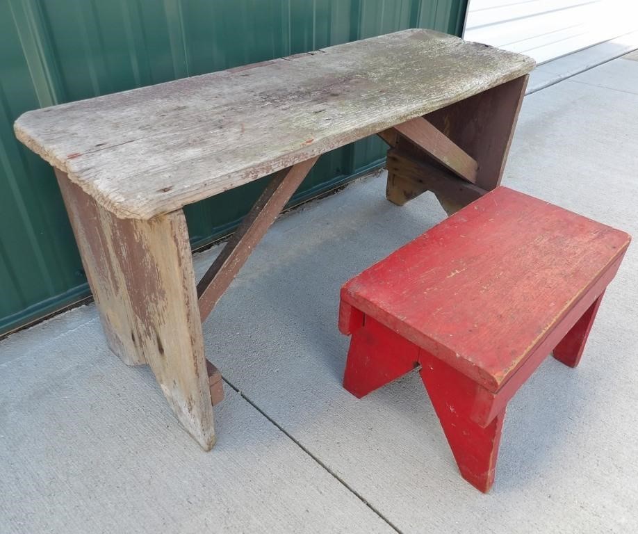 Wood Bench & Painted Red Stool