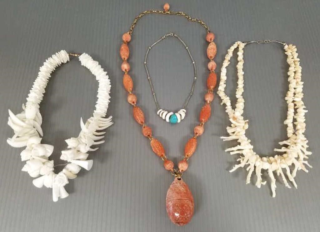 4 necklaces including shell, white coral, sterling