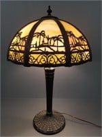 Antique bent panel slag glass table lamp (crack