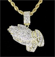 Praying Hands Cz Pendant 14k Gold Plated 24" Rope