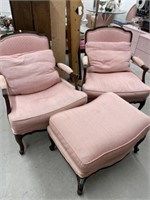2 Vintage Armchairs With Matching Footstool