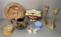 Group of Arts & Crafts metal items, pottery,