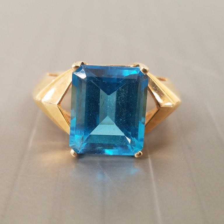 10K gold ring set with large London blue topaz -