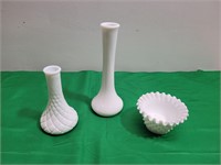 Two Vases, and Milk Glass HOB Ruffled Bowl