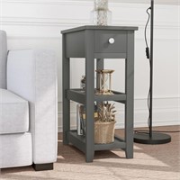 Grey End Table, 3-Tier Nightstand with Drawer