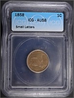 1858 SMALL LETTERS FLYING EAGLE CENT ICG AU-58