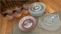 Candlewick plates and pink depression dishes