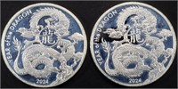 (2) 1 OZ .999 SILV 2024 YEAR OF THE DRAGON ROUNDS