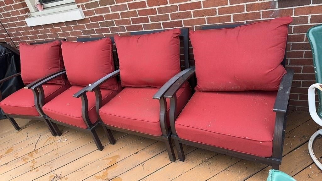 4 red outdoor chairs