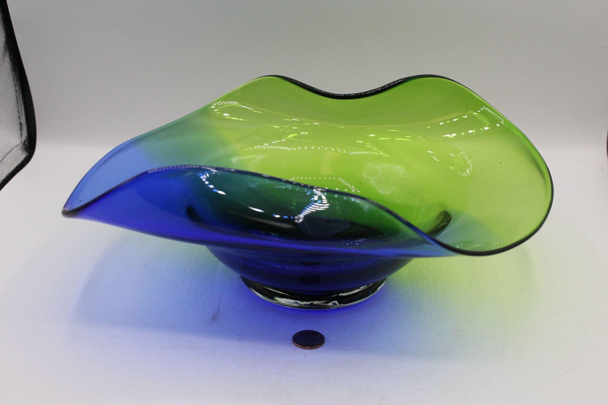 Hand-Blown Green/Blue Art Glass Console Bowl