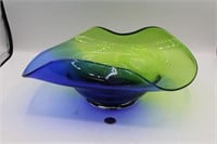 Hand-Blown Green/Blue Art Glass Console Bowl
