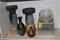5pc Pottery, Bronze vases, crystal bowl