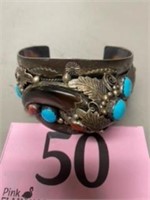 STERLING MENS BRACELET W/ RED AND TURQUOIS STONES
