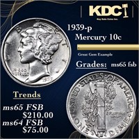 1939-p Mercury Dime 10c Grades GEM FSB