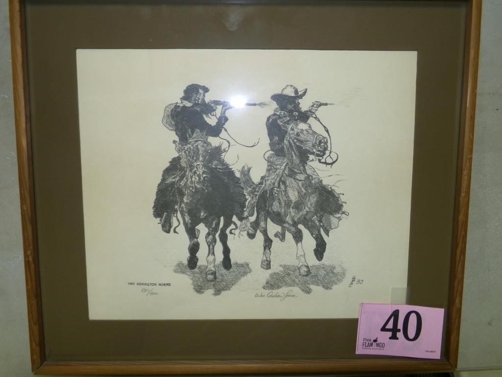 "TWO REMINGTON RIDERS" FRAMED PRINT SIGNED AND N