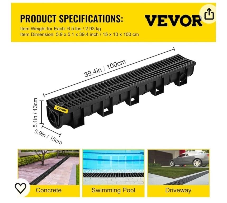 VEVOR Trench Drain System with Plastic Grate,