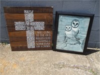 Framed Owls & Wood Cross Decor