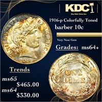 1916-p Barber Dime Colorfully Toned 10c Grades Cho