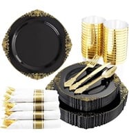 Hioasis 350pcs Black and Gold Plastic Plates with