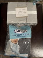 Baby crib, sheet and pack, and play fitted sheet