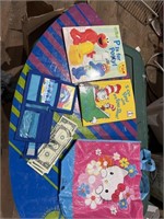 Books, book bag, and child wallet with play money
