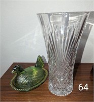 LEAD CRYSTAL FLOWER VASE & CARNIVAL GLASS HEN ON