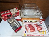 3 PYREX CASSEROLES, ROLLING PIN, MICROWAVE BACON