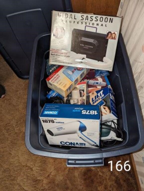 TOTE OF BLOW DRYERS, HEATING PADS, ETC.