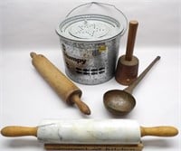 Minnow Bucket, Rolling Pins, Old Copper Ladle
