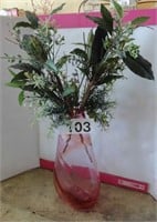 Pink Glass Vase w/ Artificial Greenery