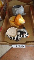 (3) Ceramic Zebra / Lion / Elephant Planters