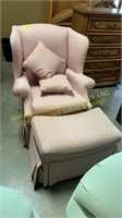 Upholstered wing back chair and footstool