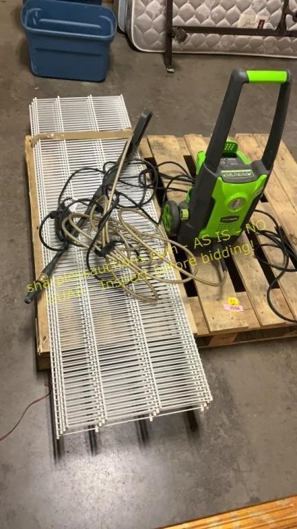 Wire shelves, green works pressure washer