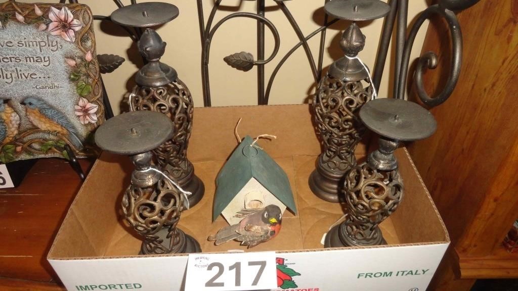 (4) Cast Metal Candle Holders / Bird House