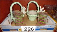 (2) Ceramic Bunny Baskets / (2) Pink & Green Glass