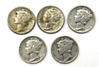 (5) Mercury Dimes : 1937, 1939, 1940, and 1943