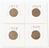 FOUR INDIAN HEAD PENNIES TWO EACH 1908 AND 1909