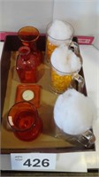 (3) Glass Mugs / (3) Orange Vases / Candle