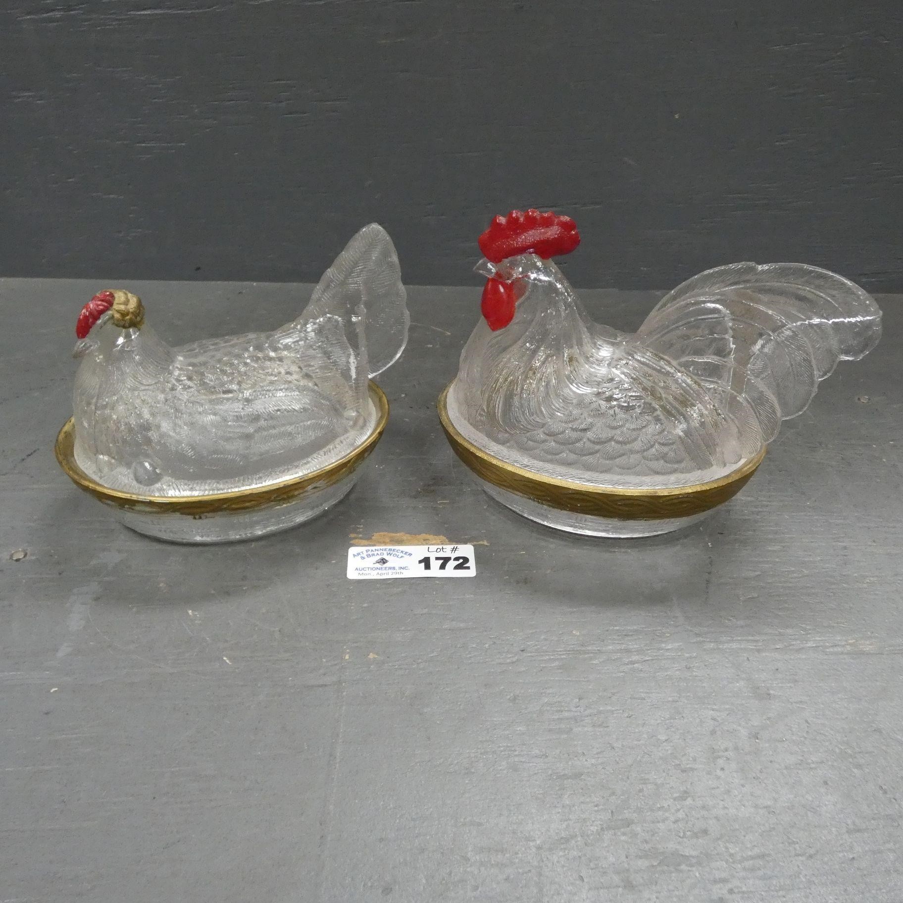 Pair of Glass Chickens on the Nest